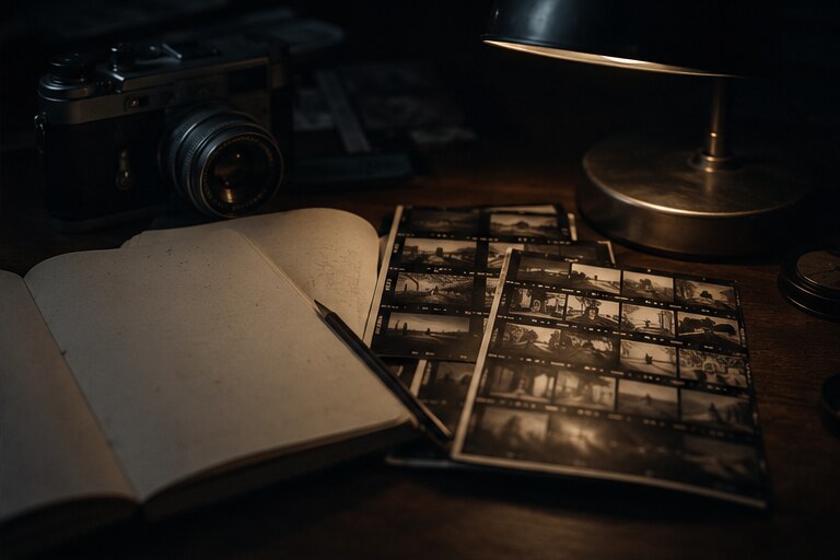 Carnet d’enquête, appareil photo et planches-contact dans une lumière de bureau
